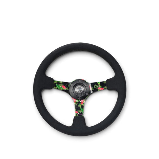 NRG Reinforced Steering Wheel (350mm / 3in. Deep) Black Suede w/ 5mm Floral 3-Spoke Center - Lunaticsco