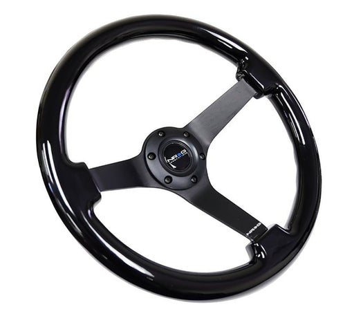 NRG Reinforced Steering Wheel (350mm / 3in. Deep) Black w/Black Chrome Solid 3-Spoke Center - Lunaticsco