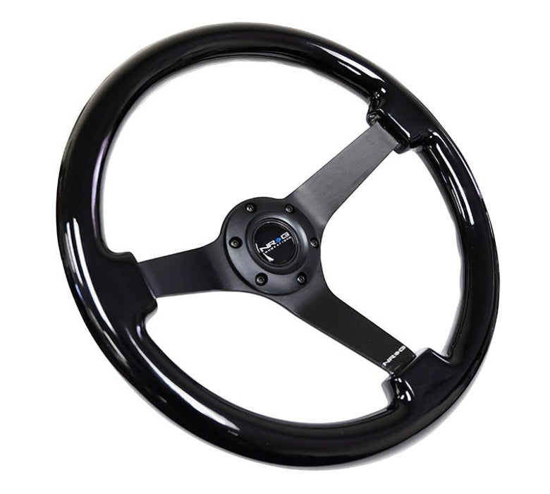 NRG Reinforced Steering Wheel (350mm / 3in. Deep) Black w/Black Chrome Solid 3-Spoke Center - Lunaticsco