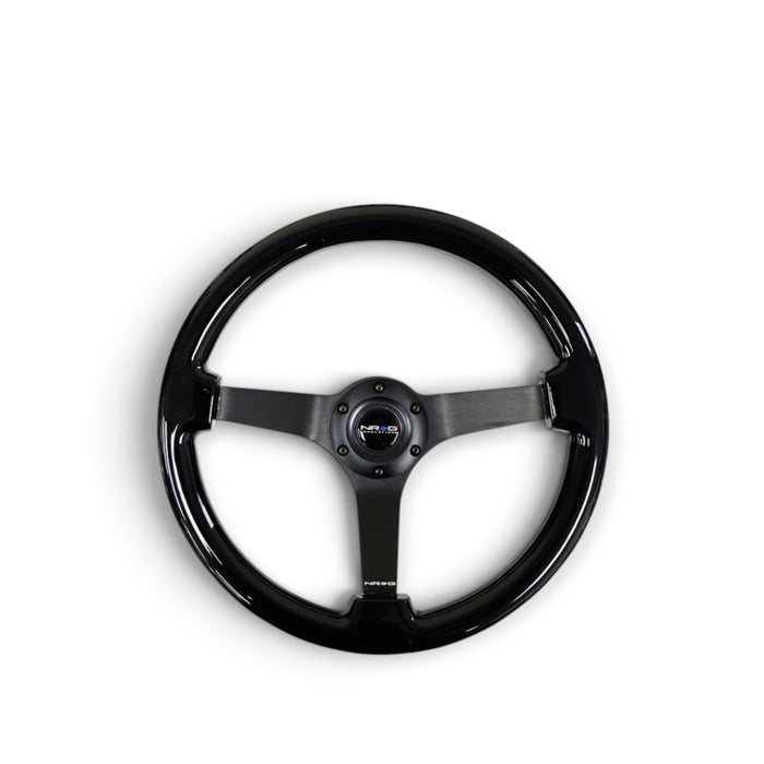 NRG Reinforced Steering Wheel (350mm / 3in. Deep) Black w/Black Chrome Solid 3-Spoke Center - Lunaticsco