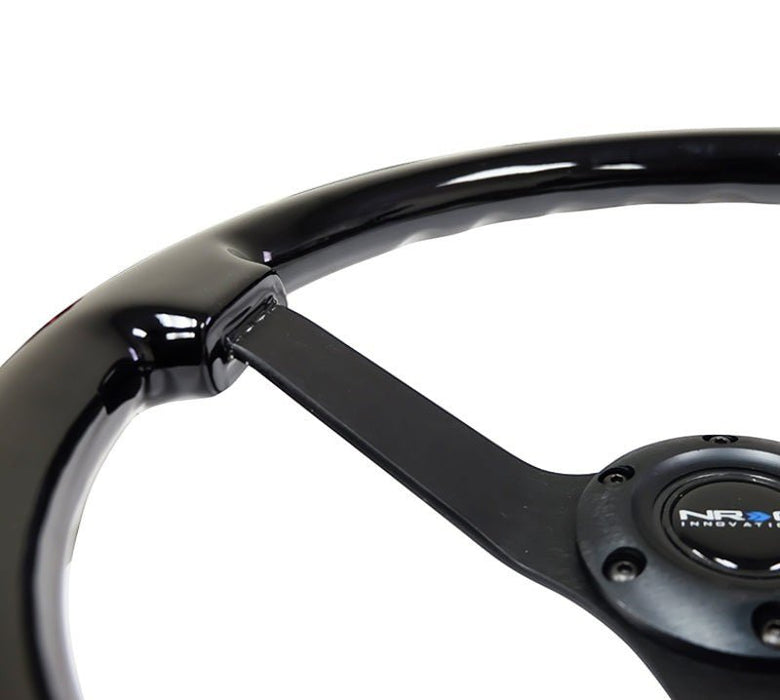 NRG Reinforced Steering Wheel (350mm / 3in. Deep) Black w/Black Chrome Solid 3-Spoke Center - Lunaticsco