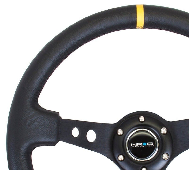 NRG Reinforced Steering Wheel (350mm / 3in. Deep) Blk Leather w/Blk Cutout Spoke/Yellow Center Mark - Lunaticsco