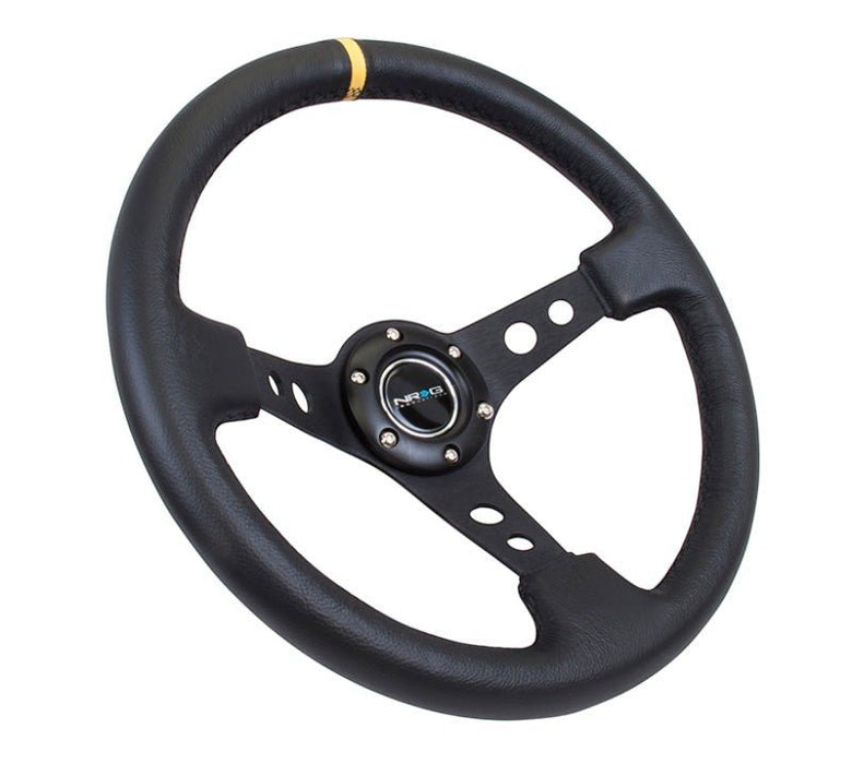 NRG Reinforced Steering Wheel (350mm / 3in. Deep) Blk Leather w/Blk Cutout Spoke/Yellow Center Mark - Lunaticsco
