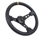 NRG Reinforced Steering Wheel (350mm / 3in. Deep) Blk Leather w/Blk Cutout Spoke/Yellow Center Mark - Lunaticsco