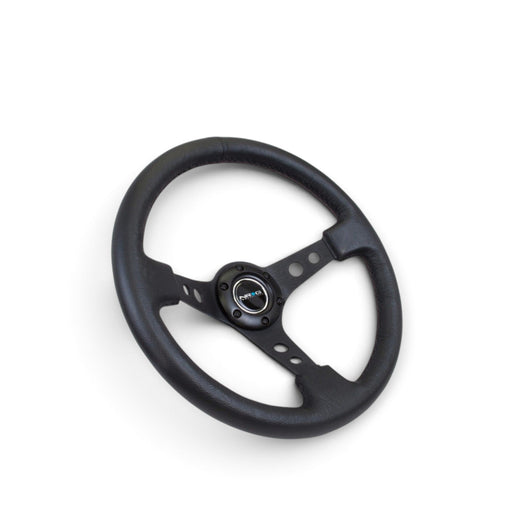 NRG Reinforced Steering Wheel (350mm / 3in. Deep) Blk Leather w/Blk Spoke & Circle Cutouts - Lunaticsco