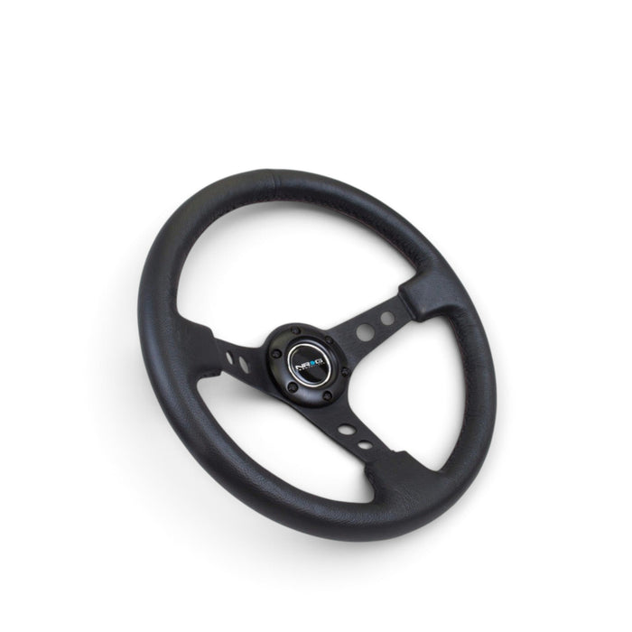 NRG Reinforced Steering Wheel (350mm / 3in. Deep) Blk Leather w/Blk Spoke & Circle Cutouts - Lunaticsco