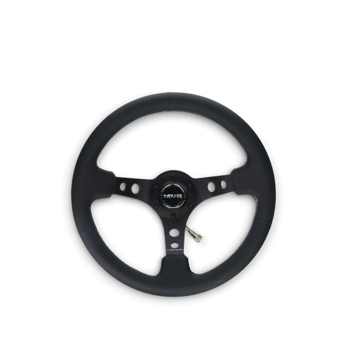 NRG Reinforced Steering Wheel (350mm / 3in. Deep) Blk Leather w/Blk Spoke & Circle Cutouts - Lunaticsco
