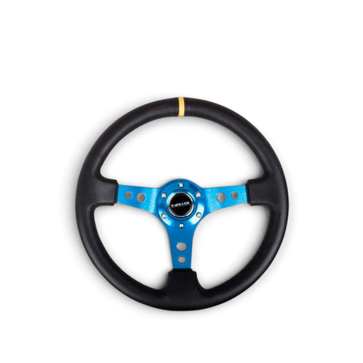 NRG Reinforced Steering Wheel (350mm / 3in. Deep) Blk Leather w/Blue Cutout Spoke & Single Yellow CM - Lunaticsco