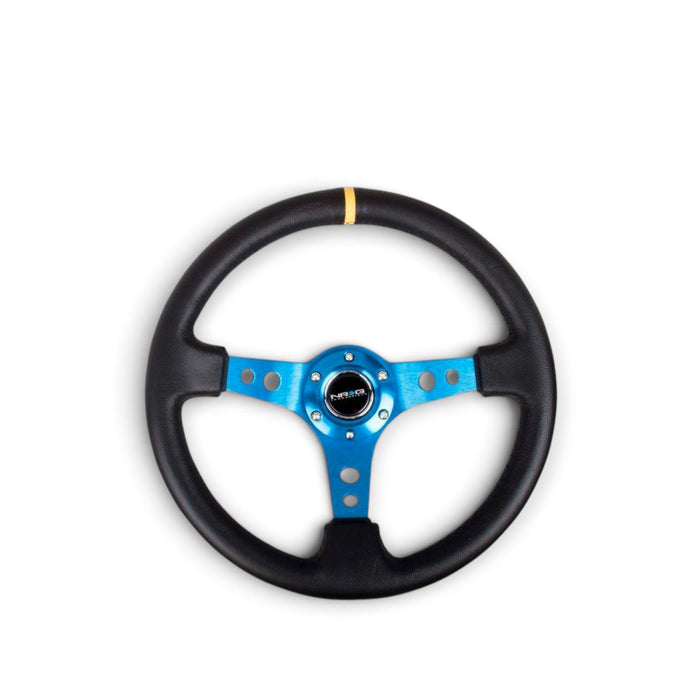 NRG Reinforced Steering Wheel (350mm / 3in. Deep) Blk Leather w/Blue Cutout Spoke & Single Yellow CM - Lunaticsco