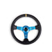 NRG Reinforced Steering Wheel (350mm / 3in. Deep) Blk Leather w/Blue Cutout Spoke & Single Yellow CM - Lunaticsco