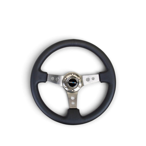 NRG Reinforced Steering Wheel (350mm / 3in. Deep) Blk Leather w/Gunmetal Circle Cutout Spokes - Lunaticsco