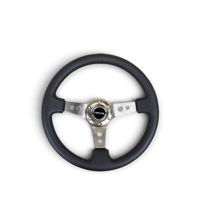 NRG Reinforced Steering Wheel (350mm / 3in. Deep) Blk Leather w/Gunmetal Circle Cutout Spokes - Lunaticsco