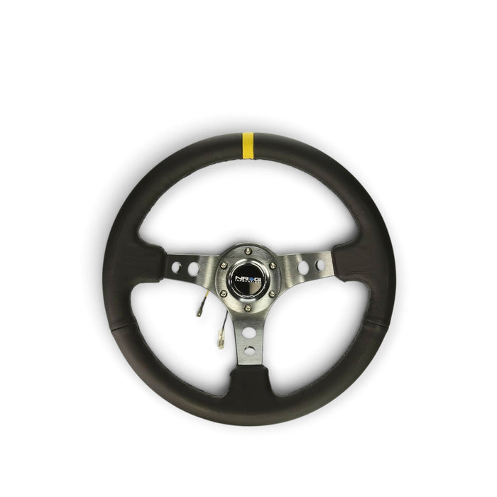 NRG Reinforced Steering Wheel (350mm / 3in. Deep) Blk Leather w/Gunmetal Cutout Spoke & Yellow CM - Lunaticsco