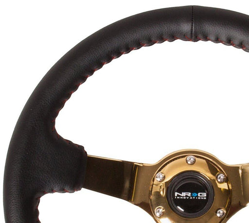 NRG Reinforced Steering Wheel (350mm / 3in. Deep) Blk Leather/Red BBall Stitch w/4mm Gold Spokes - Lunaticsco