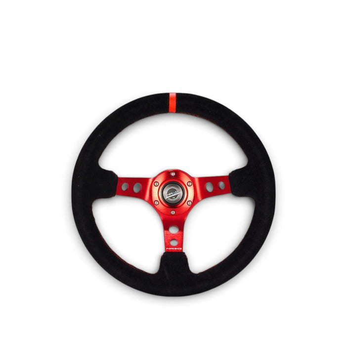 NRG Reinforced Steering Wheel (350mm / 3in. Deep) Blk Leather/Red Stitch w/Red Spoke - Lunaticsco