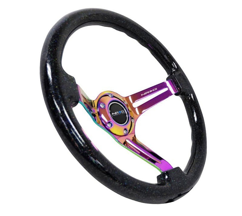 NRG Reinforced Steering Wheel (350mm / 3in. Deep) Blk Multi Color Flake w/ Neochrome Center Mark - Lunaticsco