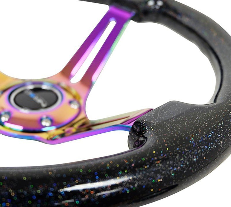 NRG Reinforced Steering Wheel (350mm / 3in. Deep) Blk Multi Color Flake w/ Neochrome Center Mark - Lunaticsco