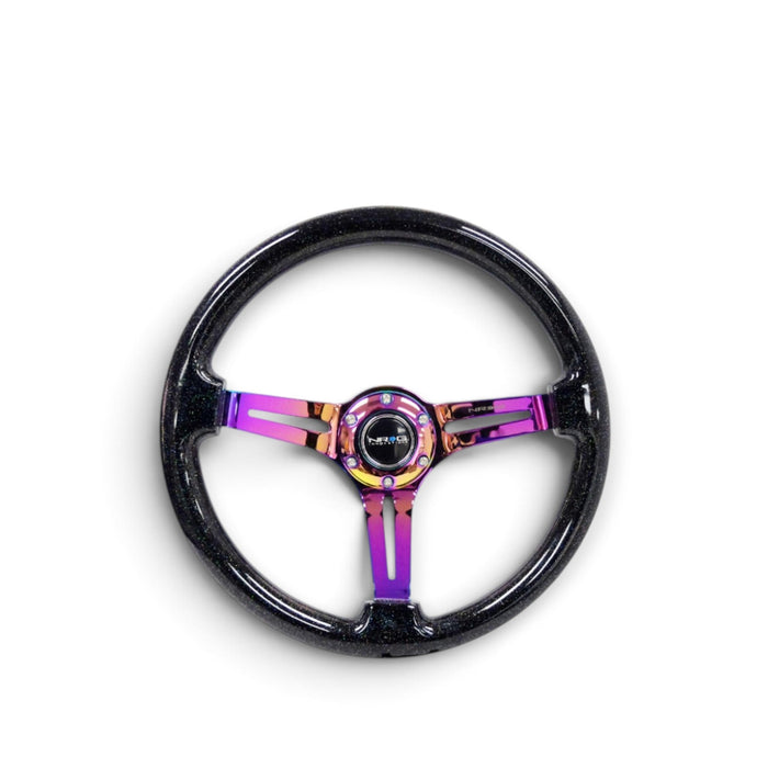 NRG Reinforced Steering Wheel (350mm / 3in. Deep) Blk Multi Color Flake w/ Neochrome Center Mark - Lunaticsco