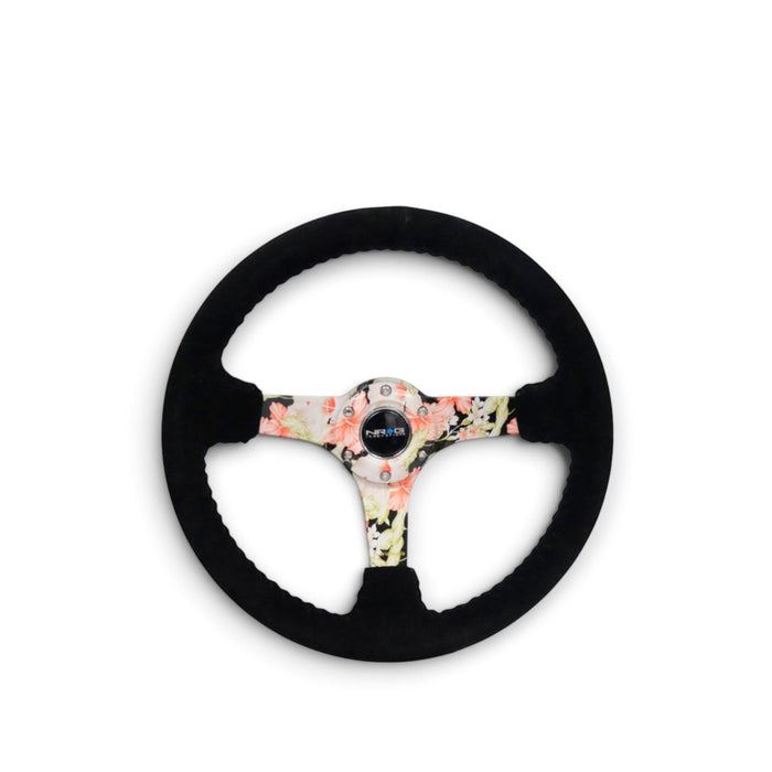 NRG Reinforced Steering Wheel (350mm / 3in. Deep) Blk Suede Floral Dipped w/ Blk Baseball Stitch - Lunaticsco