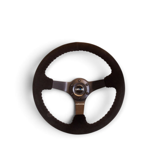 NRG Reinforced Steering Wheel (350mm / 3in. Deep) Blk Suede w/Blk BBall Stitch (Odi Bakchis Edition) - Lunaticsco