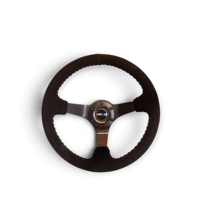 NRG Reinforced Steering Wheel (350mm / 3in. Deep) Blk Suede w/Blk BBall Stitch (Odi Bakchis Edition) - Lunaticsco