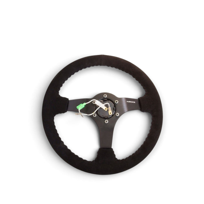 NRG Reinforced Steering Wheel (350mm / 3in. Deep) Blk Suede w/Blk BBall Stitch (Odi Bakchis Edition) - Lunaticsco
