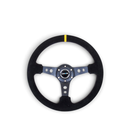 NRG Reinforced Steering Wheel (350mm / 3in. Deep) Blk Suede w/Circle Cut Spokes & Single Yellow CM - Lunaticsco