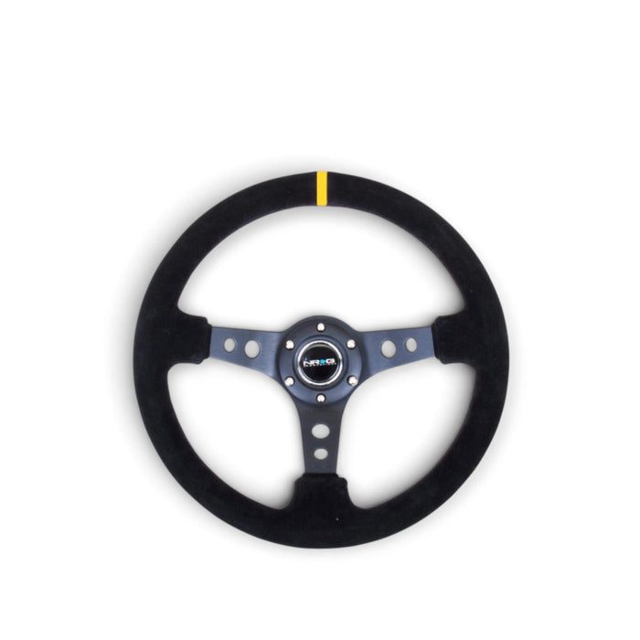 NRG Reinforced Steering Wheel (350mm / 3in. Deep) Blk Suede w/Circle Cut Spokes & Single Yellow CM - Lunaticsco