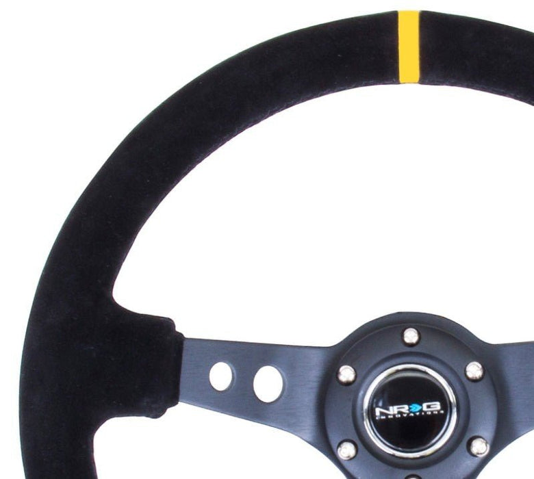 NRG Reinforced Steering Wheel (350mm / 3in. Deep) Blk Suede w/Circle Cut Spokes & Single Yellow CM - Lunaticsco