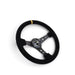NRG Reinforced Steering Wheel (350mm / 3in. Deep) Blk Suede w/Circle Cut Spokes & Single Yellow CM - Lunaticsco