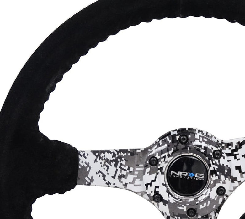 NRG Reinforced Steering Wheel (350mm / 3in. Deep) Blk Suede w/Hydrodipped Digi-Camo Spokes - Lunaticsco