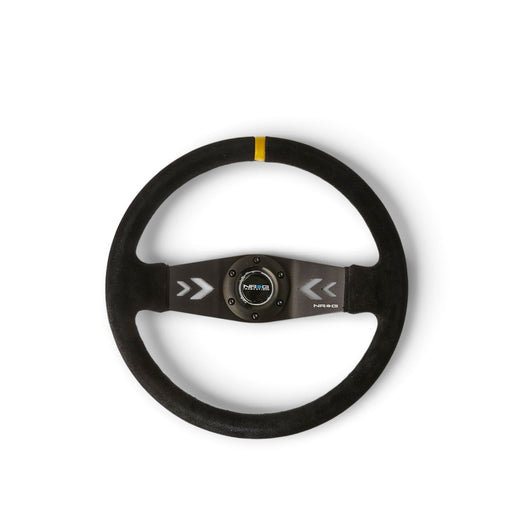 NRG Reinforced Steering Wheel (350mm / 3in. Deep) Blk Suede w/NRG Arrow Cut 2-Spoke & Yellow Mark - Lunaticsco