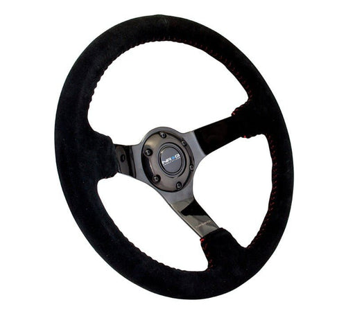 NRG Reinforced Steering Wheel (350mm / 3in. Deep) Blk Suede w/Red BBall Stitch & Black 3-Spoke - Lunaticsco