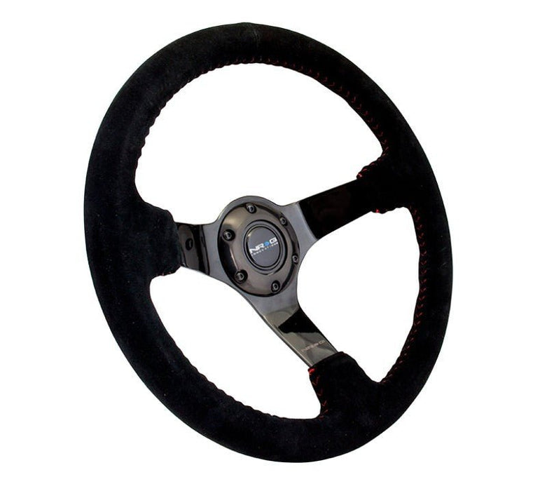 NRG Reinforced Steering Wheel (350mm / 3in. Deep) Blk Suede w/Red BBall Stitch & Black 3-Spoke - Lunaticsco