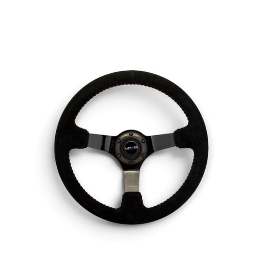 NRG Reinforced Steering Wheel (350mm / 3in. Deep) Blk Suede w/Red BBall Stitch & Black 3-Spoke - Lunaticsco