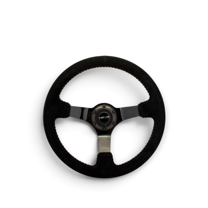 NRG Reinforced Steering Wheel (350mm / 3in. Deep) Blk Suede w/Red BBall Stitch & Black 3-Spoke - Lunaticsco