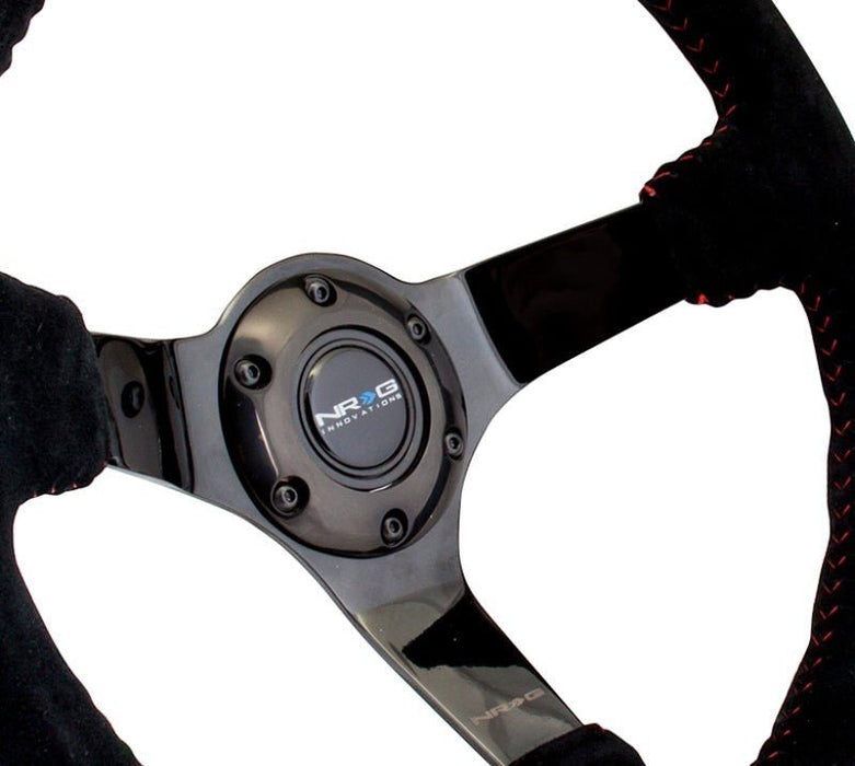 NRG Reinforced Steering Wheel (350mm / 3in. Deep) Blk Suede w/Red BBall Stitch & Black 3-Spoke - Lunaticsco