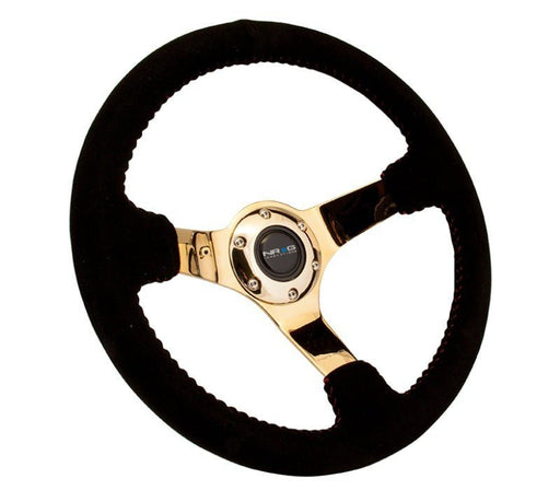 NRG Reinforced Steering Wheel (350mm / 3in. Deep) Blk Suede w/Red BBall Stitch & Chrome Gold 3-Spoke - Lunaticsco