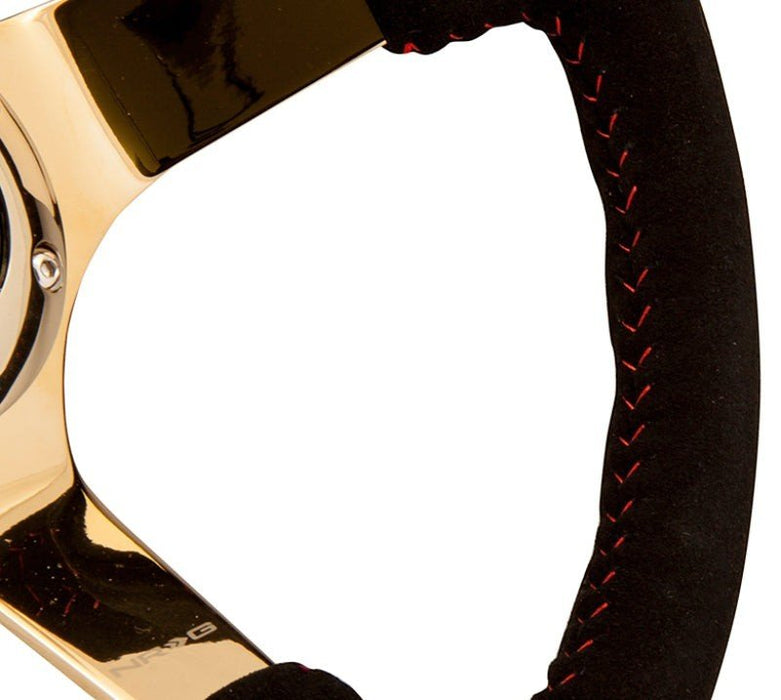 NRG Reinforced Steering Wheel (350mm / 3in. Deep) Blk Suede w/Red BBall Stitch & Chrome Gold 3-Spoke - Lunaticsco