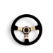 NRG Reinforced Steering Wheel (350mm / 3in. Deep) Blk Suede w/Red BBall Stitch & Chrome Gold 3-Spoke - Lunaticsco