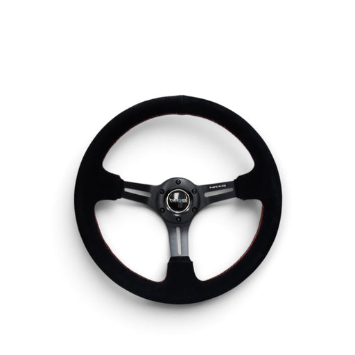 NRG Reinforced Steering Wheel (350mm / 3in. Deep) Blk Suede w/Red Stitching & 5mm Spokes w/Slits - Lunaticsco