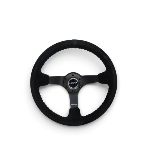 NRG Reinforced Steering Wheel (350mm / 3in. Deep) Blk Suede/Blk Bball Stitch w/5mm Matte Black Spoke - Lunaticsco