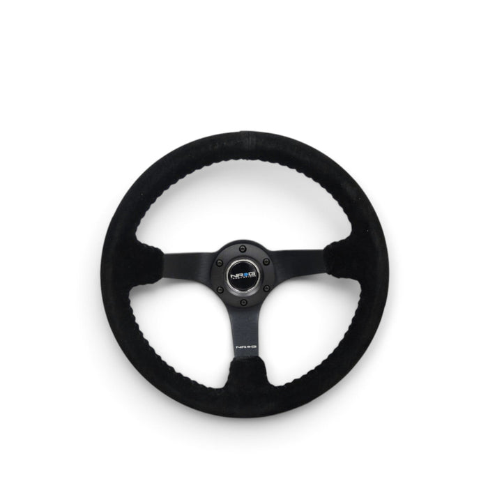 NRG Reinforced Steering Wheel (350mm / 3in. Deep) Blk Suede/Blk Bball Stitch w/5mm Matte Black Spoke - Lunaticsco