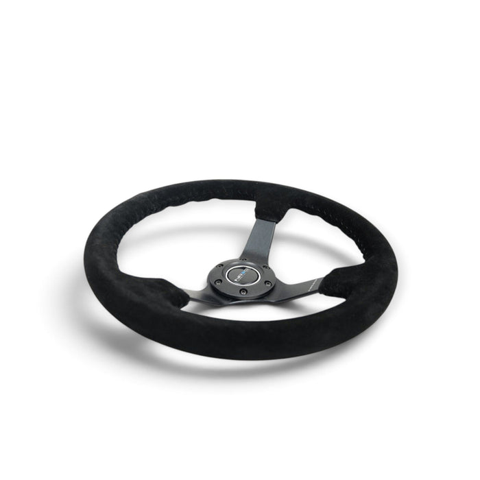 NRG Reinforced Steering Wheel (350mm / 3in. Deep) Blk Suede/Blk Bball Stitch w/5mm Matte Black Spoke - Lunaticsco
