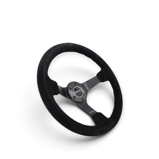 NRG Reinforced Steering Wheel (350mm / 3in. Deep) Blk Suede/Blk Bball Stitch w/5mm Matte Black Spoke - Lunaticsco