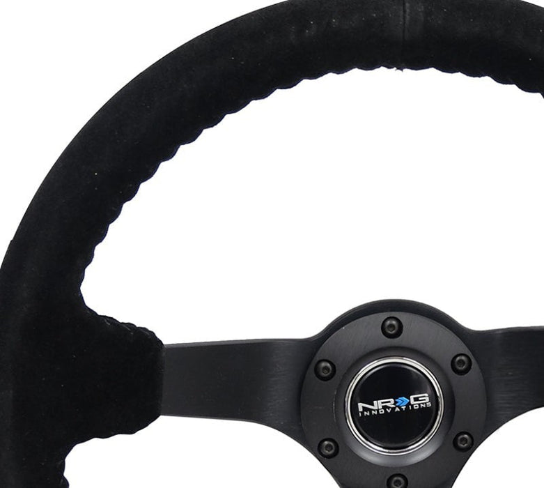 NRG Reinforced Steering Wheel (350mm / 3in. Deep) Blk Suede/Blk Bball Stitch w/5mm Matte Black Spoke - Lunaticsco