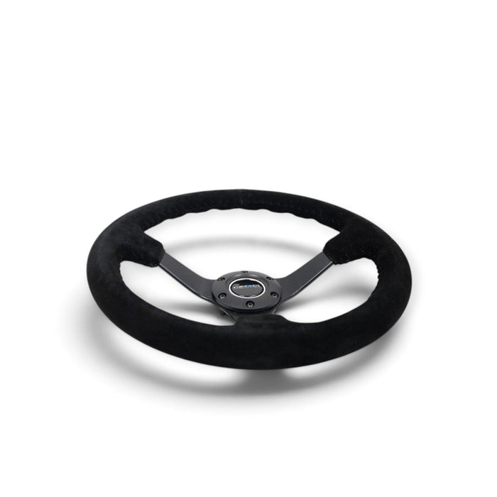 NRG Reinforced Steering Wheel (350mm / 3in. Deep) Blk Suede/Blk Bball Stitch w/5mm Matte Black Spoke - Lunaticsco