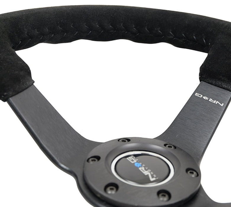NRG Reinforced Steering Wheel (350mm / 3in. Deep) Blk Suede/Blk Bball Stitch w/5mm Matte Black Spoke - Lunaticsco