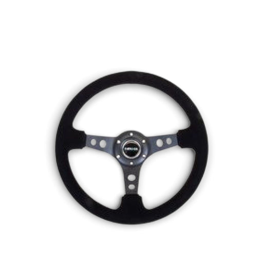 NRG Reinforced Steering Wheel (350mm / 3in. Deep) Blk Suede/Blk Stitch w/Black Circle Cutout Spokes - Lunaticsco