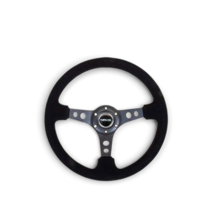 NRG Reinforced Steering Wheel (350mm / 3in. Deep) Blk Suede/Blk Stitch w/Black Circle Cutout Spokes - Lunaticsco